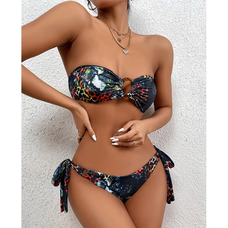COOBBU Bandeau Bikini Leopard Swimsuit Women Swimming Suit Ring Swimwear Female Micro Knot Bathing Sexy Two Pieces Set | Женская одежда