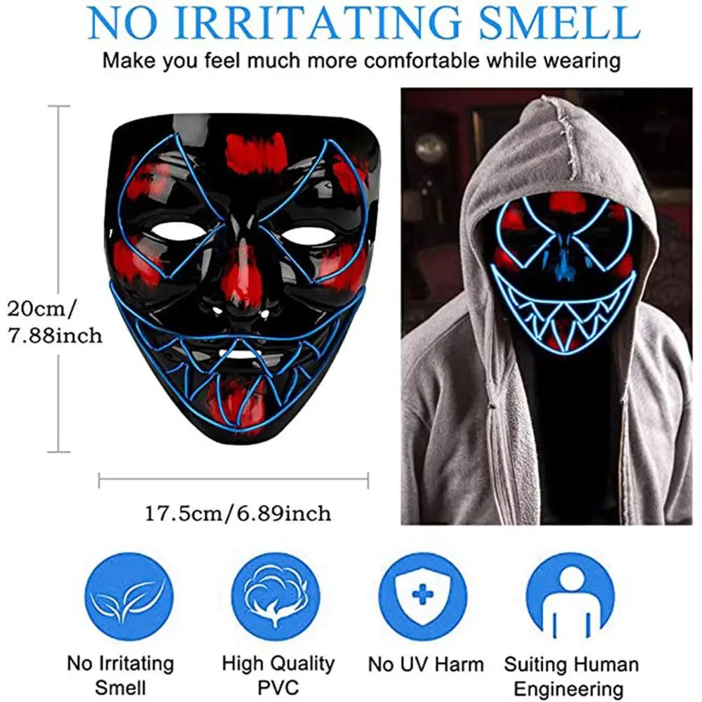 

2020 New Party Horror Mask LED Luminous Mask for Halloween Fancy Costume Accessories Cosplay Scary Masque Funny Terror Mask