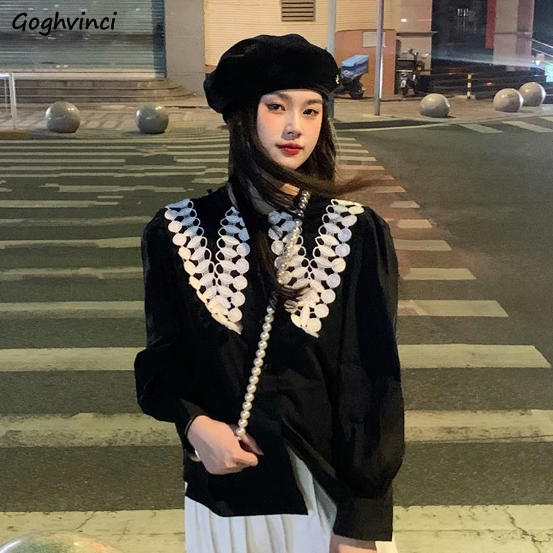 

Shirts Women French Single Breasted Temperament Patchwork Long Sleeve Y2k Spring Peter Pan Collar Casual Vintage All-match Young