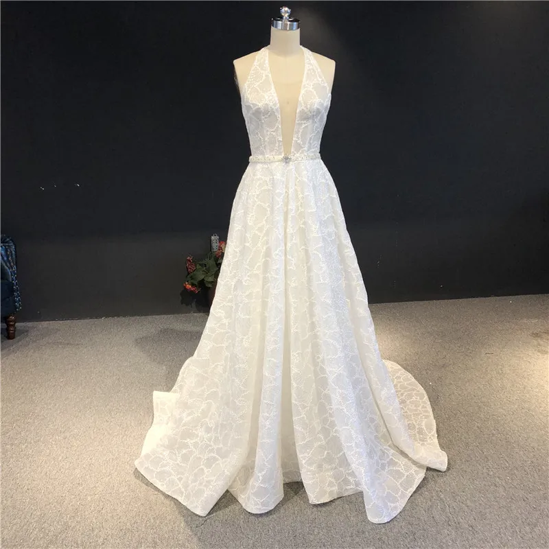 

Newest High Quality 100%Real Picures Ivory Lace Deep V-neck Sleeveless A-line Zipper Floor Length With Train Wedding Dress