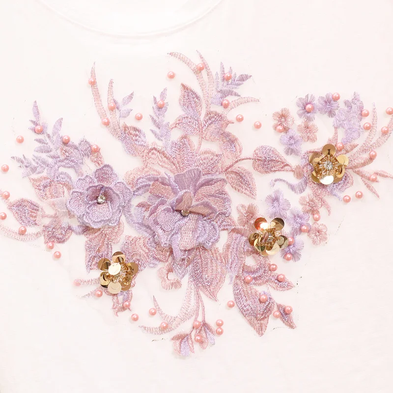 Summer Flare Jeans Suit Women 2019 New Embroidered Stereo Flower Pull T-shirt + Holed Jeansv Denim Trousers Two-piece Lady | Женская