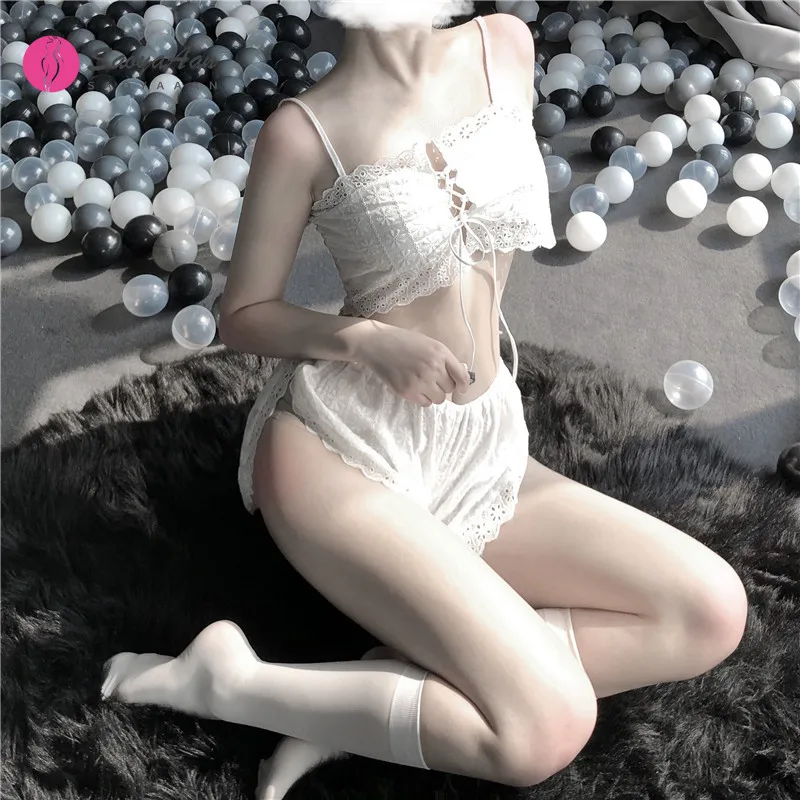 

French Maid Open Chest Pajamas Set With Comfortable High Quality Lace Material Split Design Of Pants Strap Loose Top 2020 New
