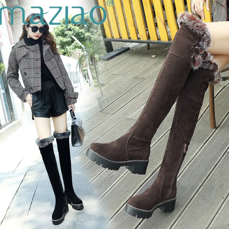 Ботфорты на меху женские теплые зимние сапоги из флока высоком каблуке большой