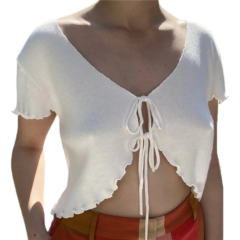 Летние женские сексуальные футболки на шнуровке модные ребристые вязанные топы