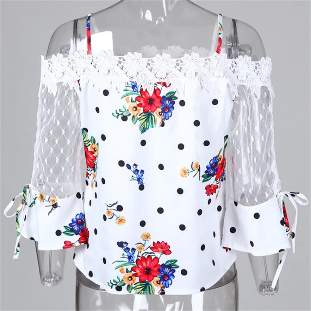 

Spotted printed gauze stitching lace top blouses woman 2020 womans shirts collared shirt womens