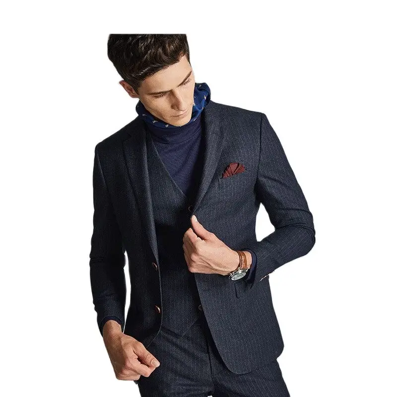

2022 New Fashionable Herringbone Navy Blue Notch Lapel Single Breasted Business Casual Clothing For Groom's Wedding Dress 3 Pcs