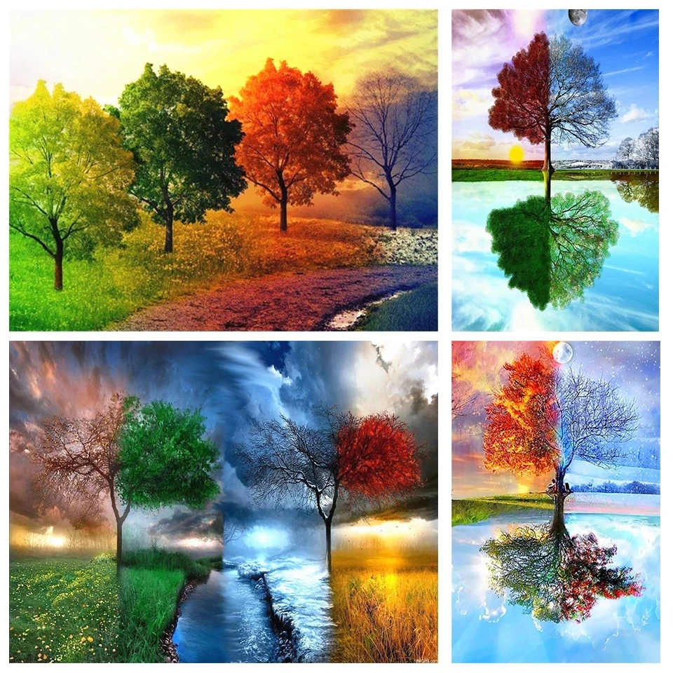 

5D Trees Change Colors In Four Seasons Diamond Painting Abstract Sun Moon Sky Diamond Embroidery Painting Full Square Rhinestone