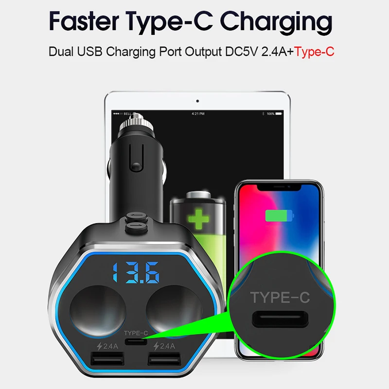USB C автомобильное зарядное устройство прикуриватель сплиттер адаптер 2 гнезда