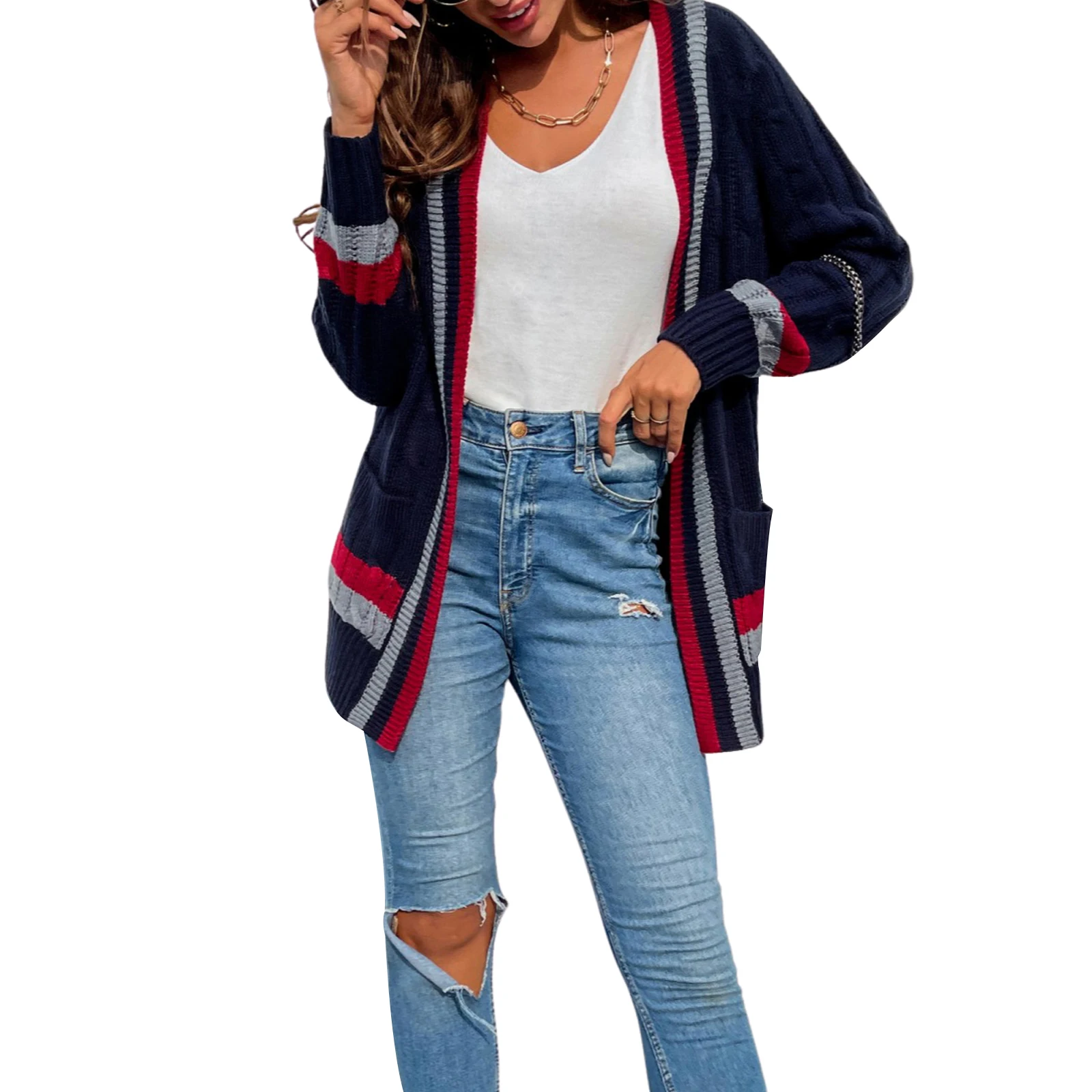 

Женский свободный кардиган, разноцветный вязаный кардиган в полоску с длинным рукавом, повседневный вязаный кардиган в полоску
