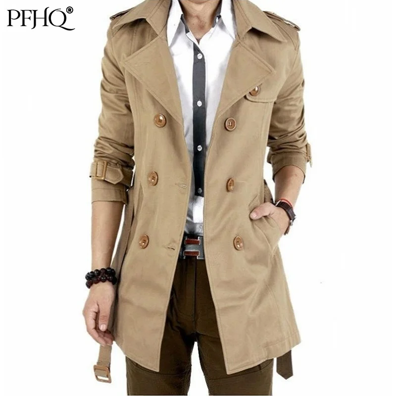 

PFHQ 2021 new men fashion solid color lapel double breasted slim fit Korean mid-length windbreaker jacket autumn winter 21D136