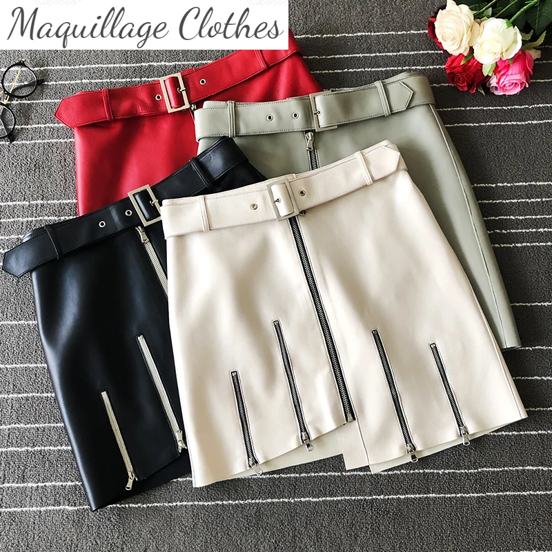 

Europe style women's real leather skirts 2021 autumn high quality high-waist leather zipper skirt A819