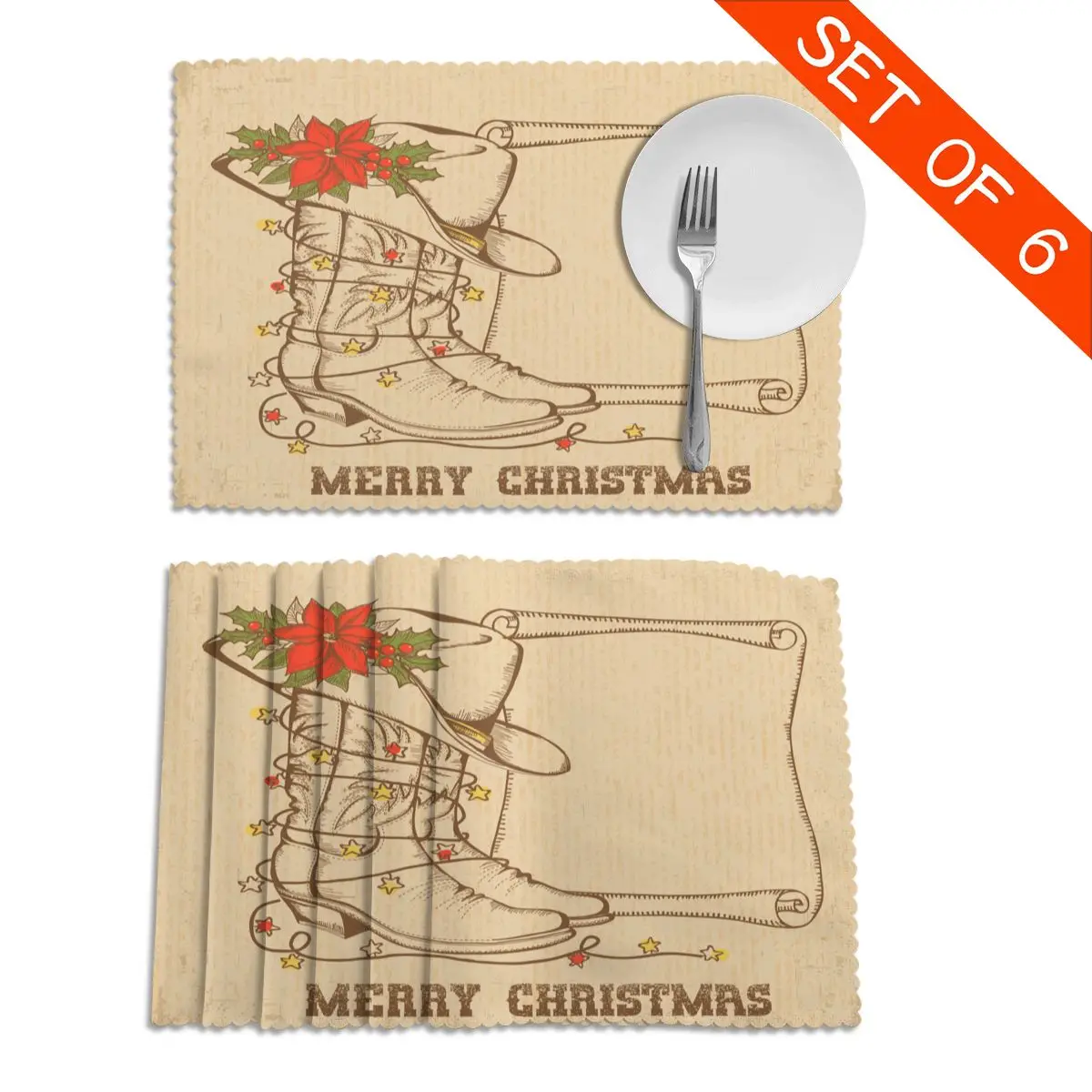 

Tableware Pad Placemats 6 Pcs Table Mat Non-Slip Western Christmas With Cowboy Boots And Scroll Placemats for Dining Table