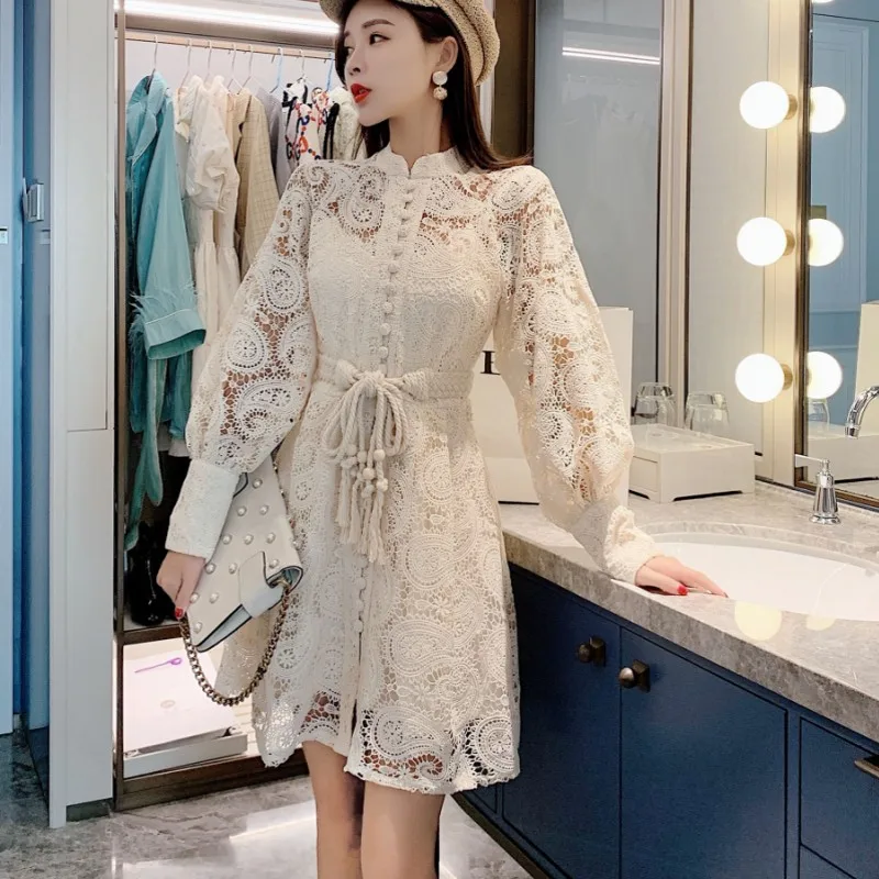 short dress Новое подиумное одноцветное абрикосовое винтажное женское кружевное вышитое платье тонкое открытое с высокой талией с кисточками длинное платье Vestido robe - Цвет: short dress