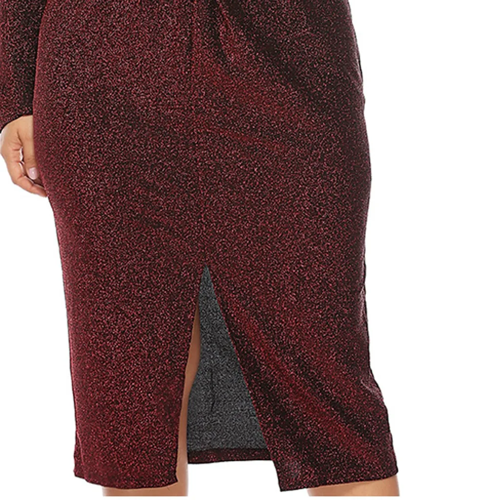

Women Sequin Dress V Neck Plus Size Long Sleeve High Waist Split Party Dress Autumn Winter Sexy Dresses Vestidos Robe Femme