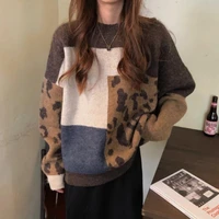 leopard patchwork cashmere sweater women loose casual knitted pullovers autumn soft knitwear female retro jumper