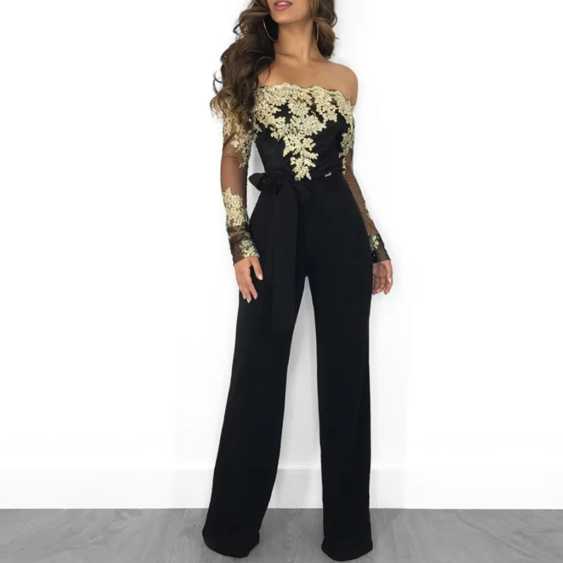 

Women Fashion Wide Legs Jumpsuit Romper Elegant Slim Solid Embroidery Lace Flower High Waist Lace-up Bow Playsuit Bodysuits New