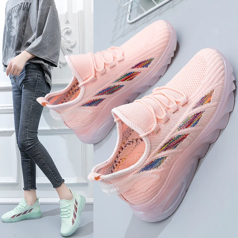 

Color Stripe Women Sneakers Autumn Winter Lace-up Jelly Sole Cozy Sports Shoes Mesh Breathable Casual Sneaker Zapatos Deportivos