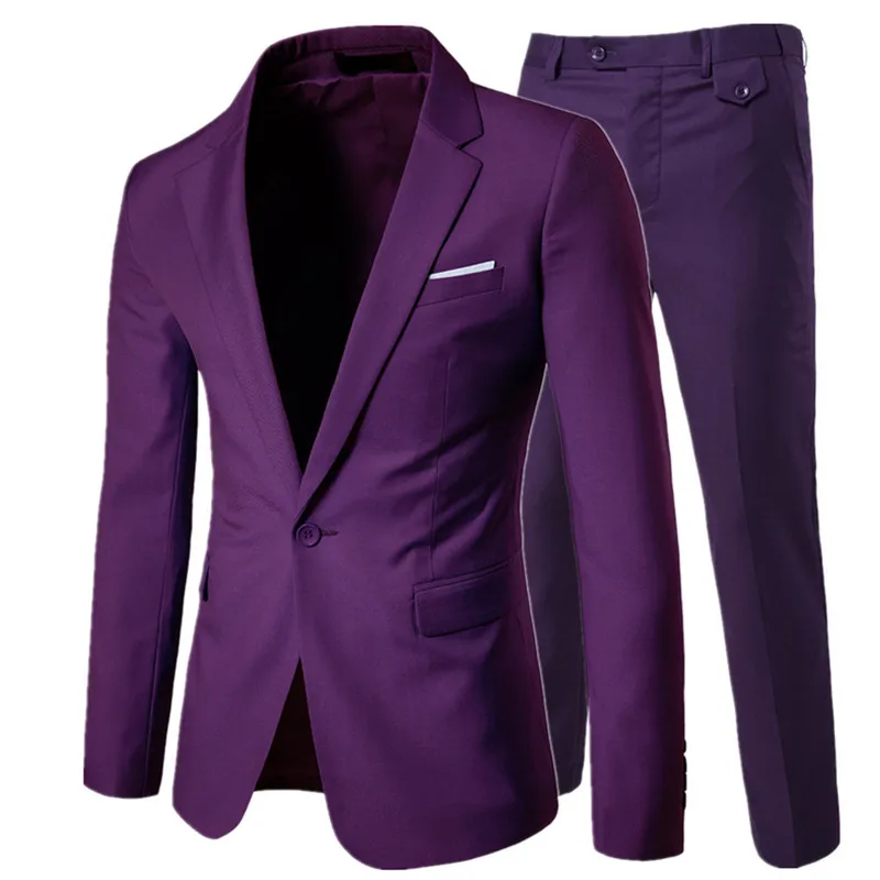 purple 2-pcs set Куртка+ брюки+ жилет) Роскошные мужские повседневные Свадебные смокинги мужская одежда мужской тонкий костюм модные мужские деловые вечерние костюмы - Цвет: purple 2-pcs set