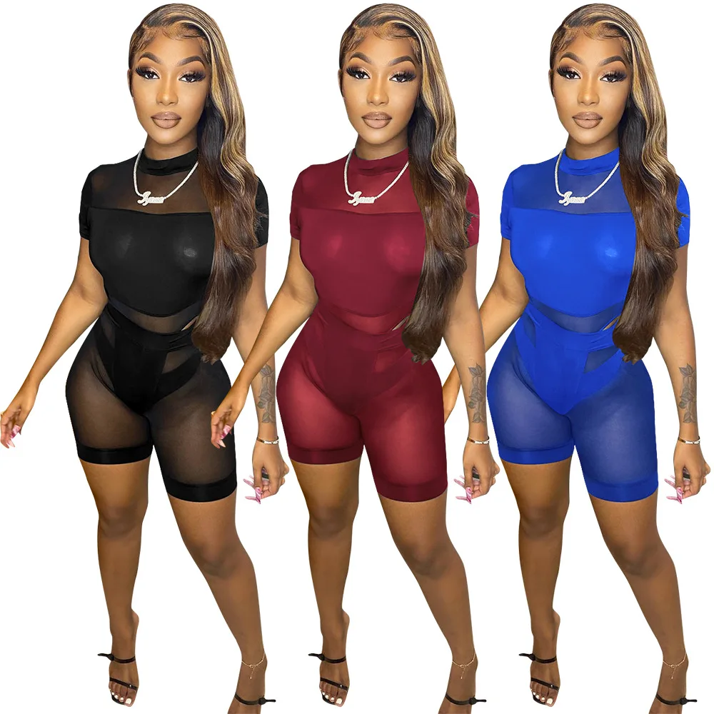 

Sexy Patchwork Mesh 2 Pieces Sets Women Short Sleeve Mesh Bodysuit Top and See Through Mesh Pants Solid Party Night Clubwear