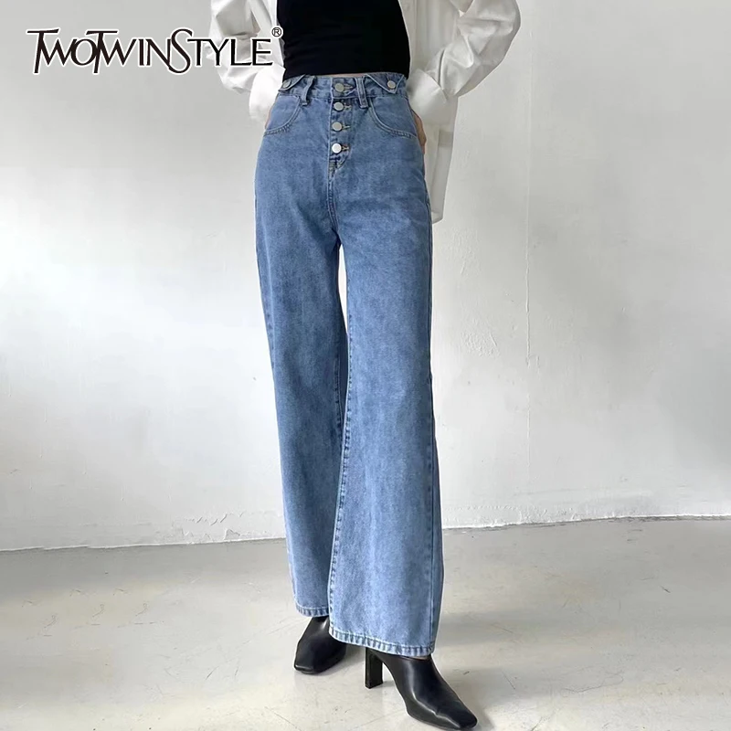 

TWOTWINSTYLE Solid Color Denim Pants For Female High Waist Loose Women's Casual Wide-legged Straight Trousers Fashion New