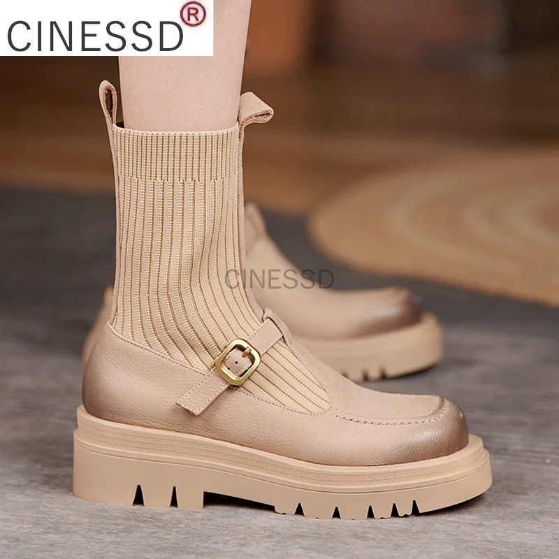 

Women Genuine Leather Sock Boots Platform Flat Ankle Boots Slip on Round Toe Ladies Footwear 2021 Autumn New Winter for Womem