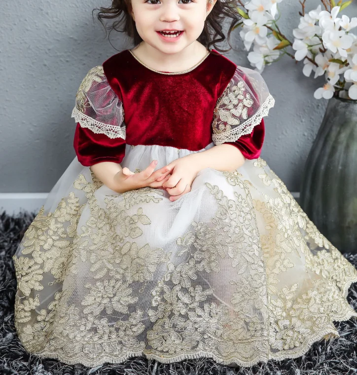 

Kids Spanish Velvet Lace Dresses Girls stitching bow Princess ball Gowns Baby Birthday Frock Infant Baptism Robe