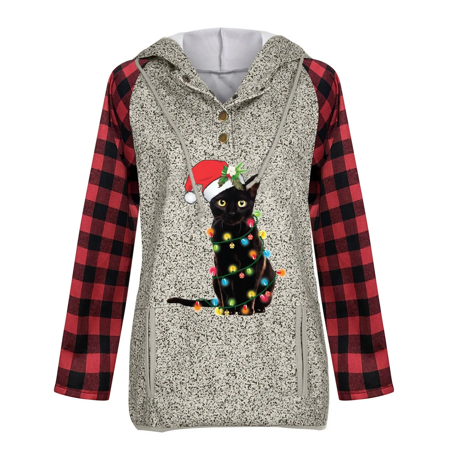 

Plus Size Women's Sweatshirt Christmas Plaid Contrast Color Winter Warm Sweater Hoodie Personality Ladies Hooded ropa mujer dz3