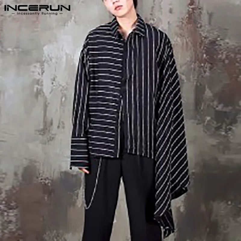 

Стильные мужские пуговицы свободные Camisa уличная INCERUN Модные Полосатые мужские рубашки с длинными рукавами с отложным воротником Блузка раз...