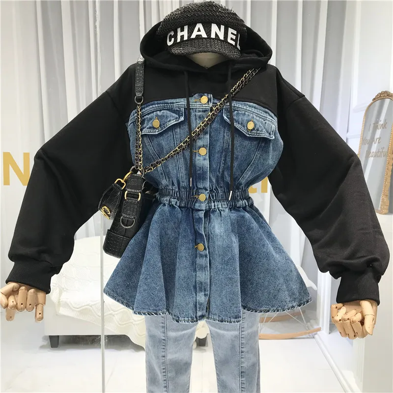 2019 осень новый модный свитер с капюшоном прошитая джинсовая куртка feamle Высокая