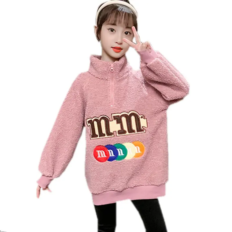 

Loose Style Teenage Girls Sweatshirts With Zipper Collar Kids Baby Fall Winter Outerwear Coat High Quality Girls Warm Sweatshirt