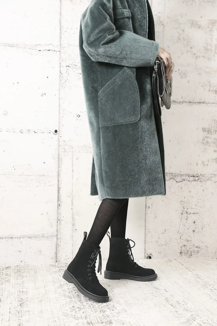 Брендовые Плюшевые Ботинки martin; botines femme; теплые Нескользящие зимние ботинки; зимние мотоциклетные ботинки на платформе со шнуровкой и круглым носком на массивном каблуке