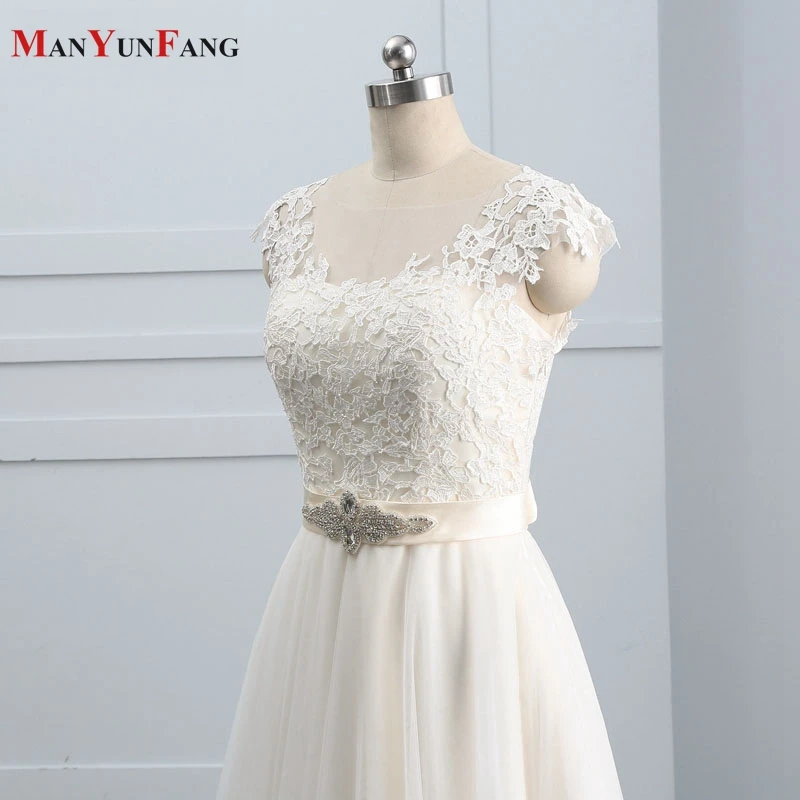 

Elegant O-Neck Sweep Train Cap Sleeve A-Line Wedding Dress Real Photo Illusion Back Lace Appliques Tulle Bow Crystal Bridal Gown