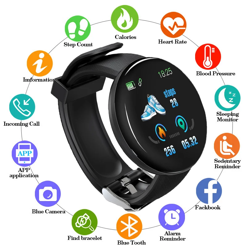 

D18 Smart Watch Bluetooth Health Watch Blood Pressure Heart Rate Monitor Sport Braclet Men Women Waterproof Smartwatch Android i