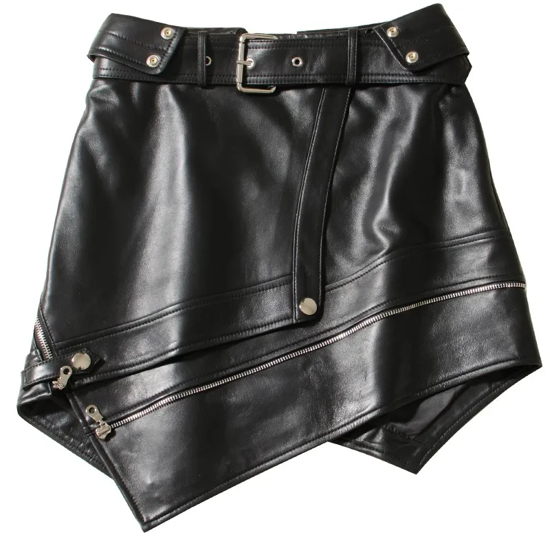 

A-Line Punk High Waist Wrap Asymmetrical Genuine Leather Skirt Women Fashion Street Zipper Sashes Personality Sheepskin Skirts
