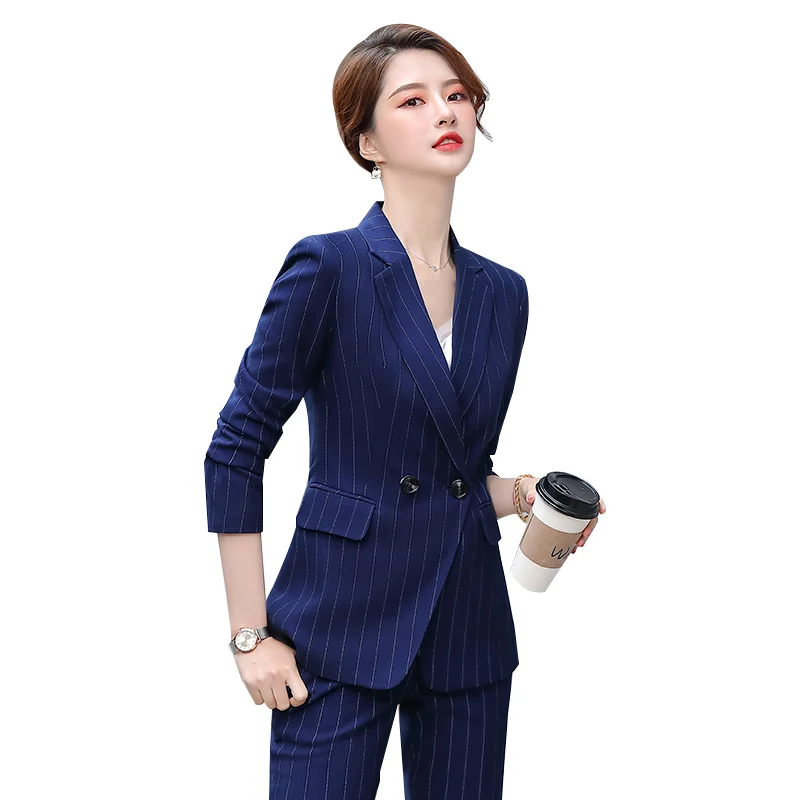 

Женский Деловой брючный костюм, комплект из двух предметов в зеленую и синюю полоску, 2021