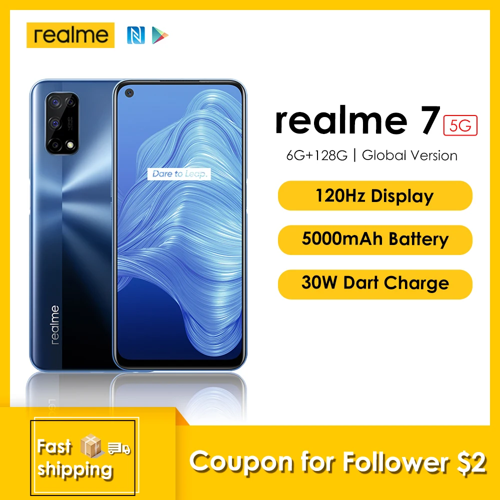 

realme 7 5G Global Version Smartphone 6GB 128GB 48MP Quad Cameras Dimensity 800U 6.5 Inch 120Hz Display 5000mAh 30W Dart Charge