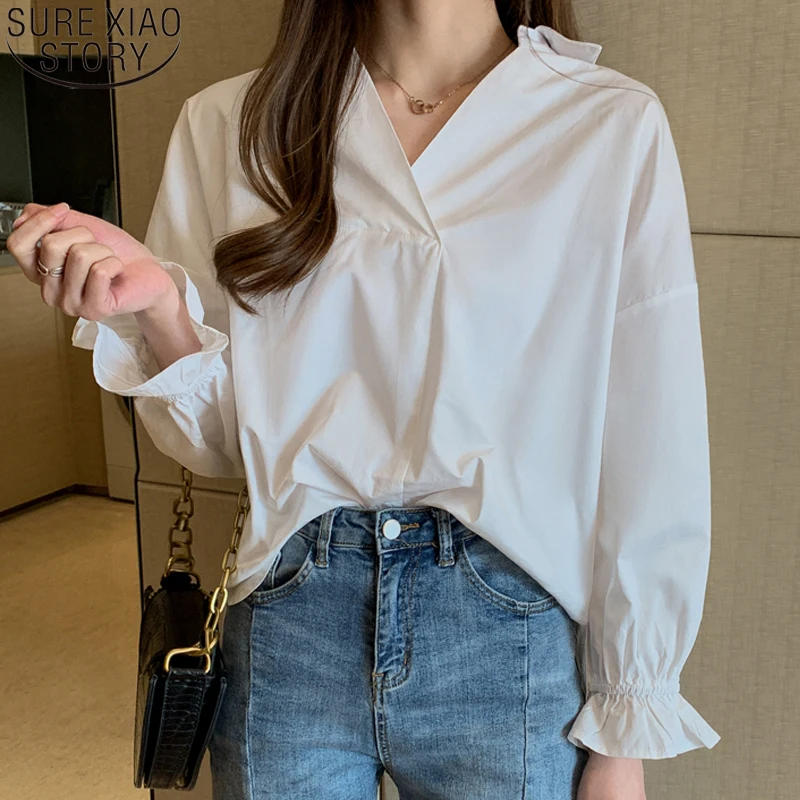 

Women Shirts Blouses 2021 Autumn Lantern Long Sleeve Korean Solid Cotton V-neck Casual White Shirt Loose Tops Blusas 10508