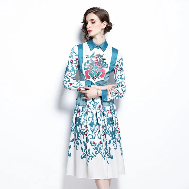 

Женское платье с цветочным принтом, Элегантное повседневное платье с длинным рукавом и отложным воротником, лето 2021