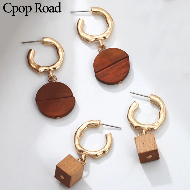 Cpop 2 вида цветов новые модные золотые деревянные серьги круглые серьги-подвески