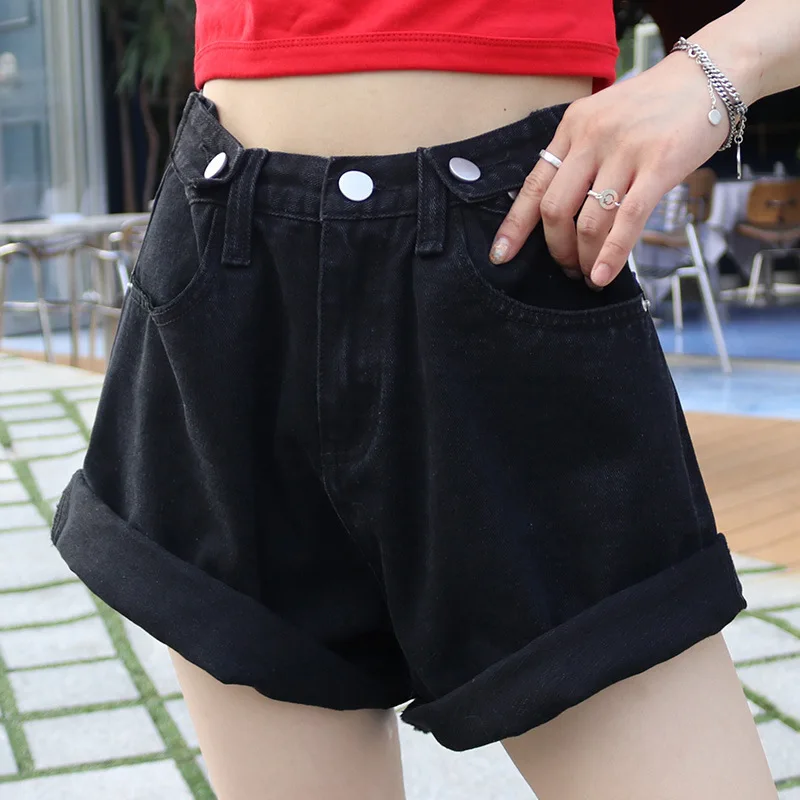 

High waisted denim shorts women's cuffs tassel hem wide leg short pants washed loose shorts with pockets