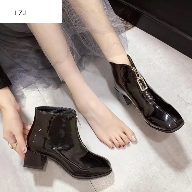 

Women Boots Autumn Winter Plush Martin Shoes High Heel Zip Square Toe New Sexy Fashion Patent Leather Ankle Grapara Botas Mujer