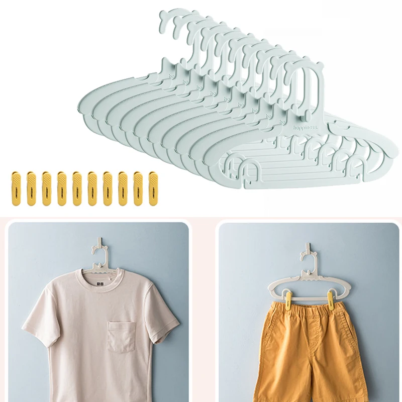 

10PCS Cute Child Baby Clothes Hanger With Clothespin Adjustable Storage Rack Home Storage Organizer For Kid Clothes Coat Dress