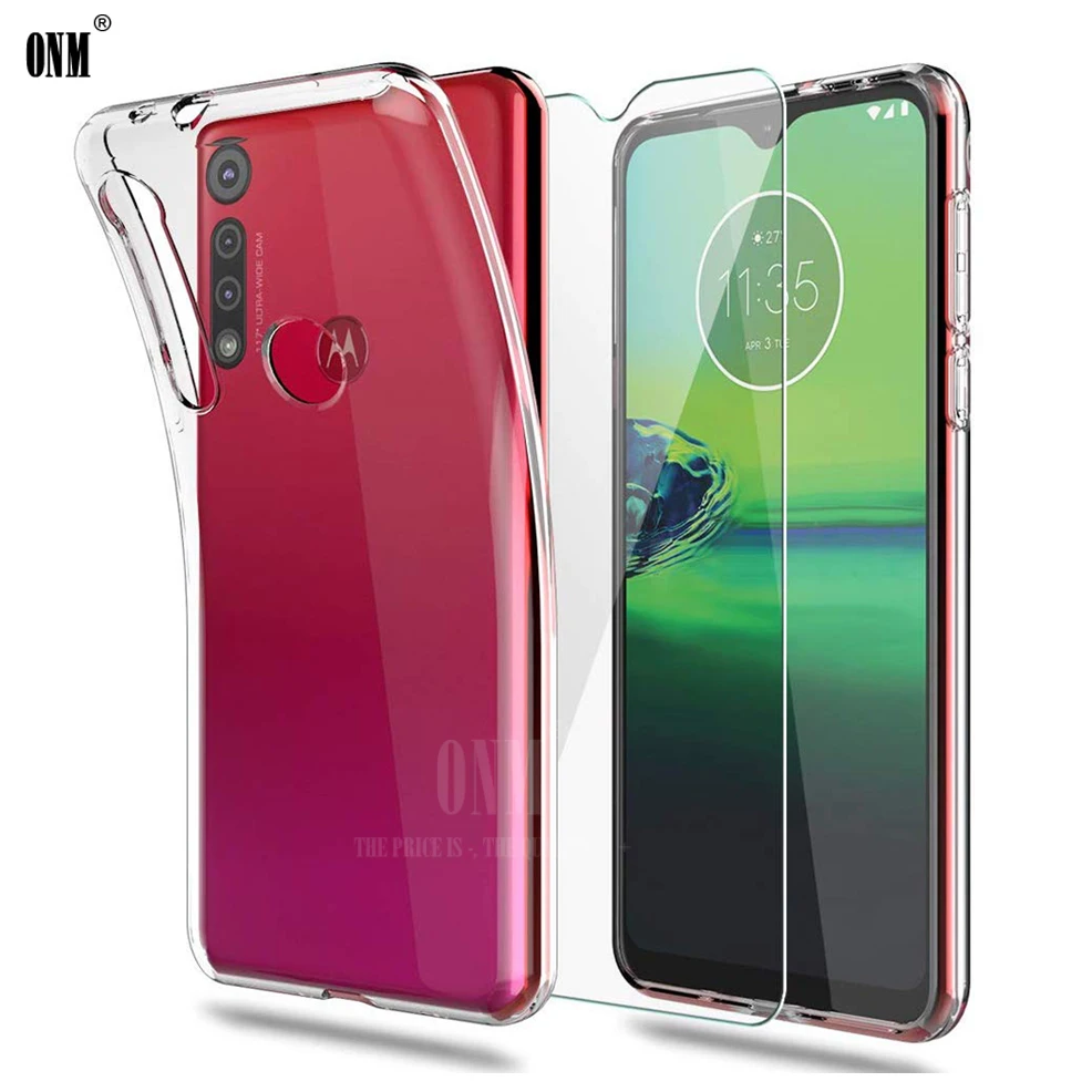 2 в 1 чехол + стекло для Motorola Moto G8 Play Plus TPU силиконовый прозрачный мягкий защита
