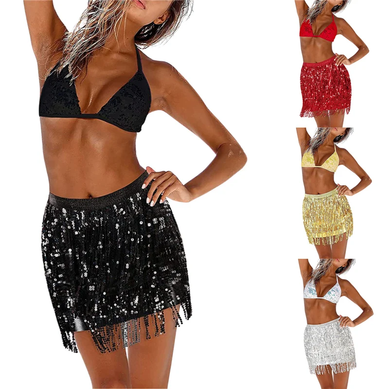Women Sequined Fringe Skirt Glitters Elastic Waist Miniskirt Mini Skirt for Dance Rave Party Black/Silver/Gold/Red