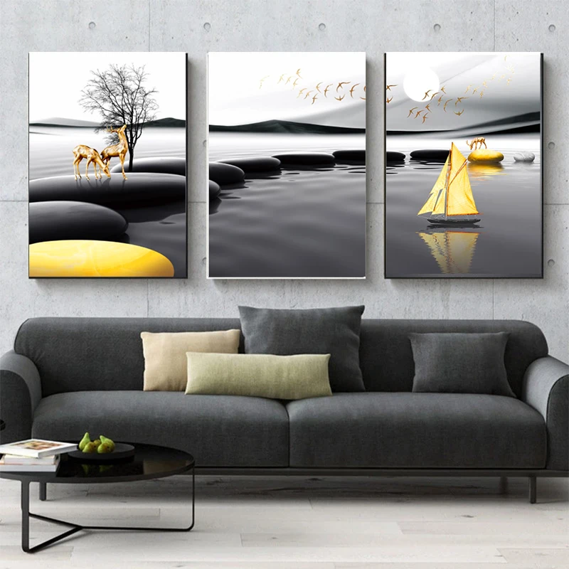 

Modern Landscape Framed Canvas Painting Black Yellow Stone Boat Deer Nordic Poster and Print Wall Art Home Decor Christmas Gift