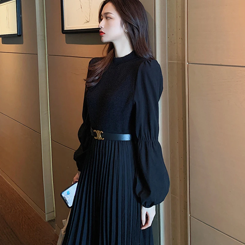 

2021 Spring Knitted Dress With Belt Women Korean Puff Sleeve Patchwork Dress Vintage Fake Two Piece Long dress vestidos