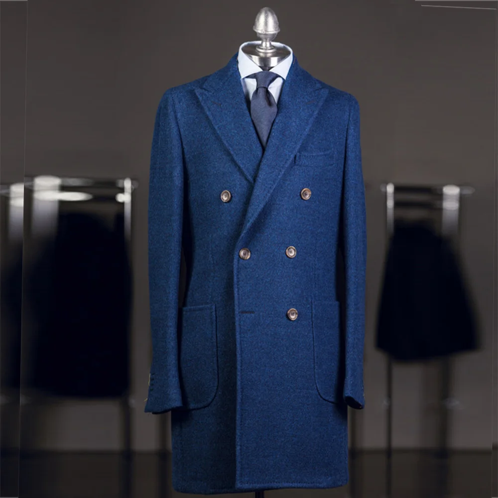 

2021 Latest Italian Handsome Jacket Blue Wool Blends Double Breasted Mens Overcoat Long Sleeves Formal Blazer 2021 Groosman Coat