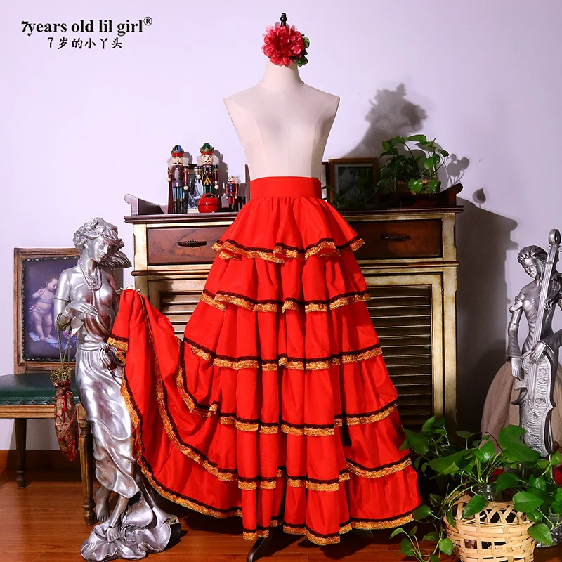 

Танцевальная одежда фламенко, Лидер продаж, испанская красная многослойная плиссированная юбка tdtt62