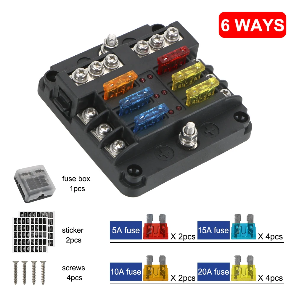 

6 Ways 12 Ways Blade Fuse Block Plastic Cover 12V 32V Fuse Box Holder M5 Stud With LED Indicator Light For Auto Car Marine