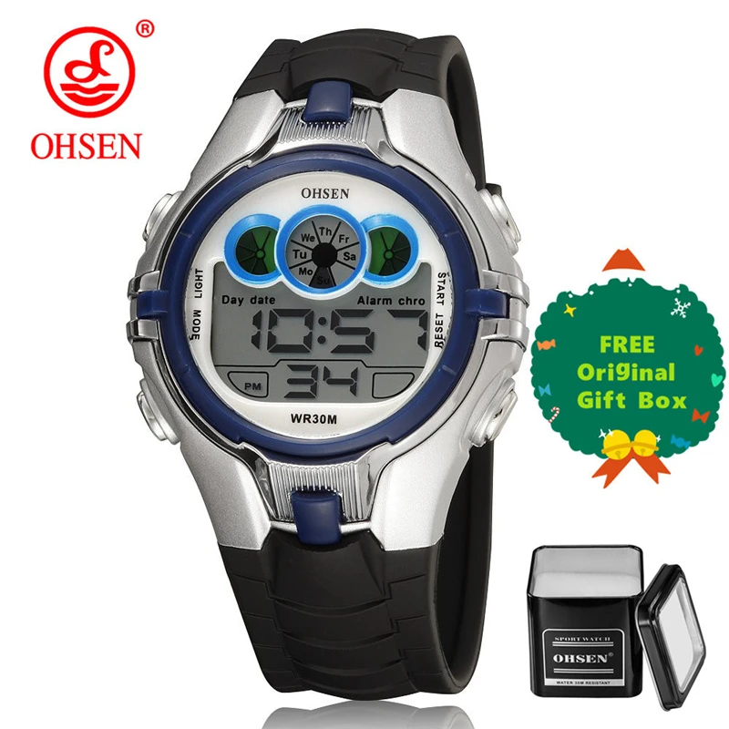 OHSEN Boys Kids Дети Кварцевые спортивные часы Будильник Дата хронографа Светодиодные задние фонари Водонепроницаемые наручные часы Студенческие часы - Цвет: blue and gift box